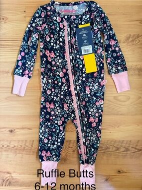 Ruffle Butts Navy Floral Convertible Ruffle One Piece Pajama